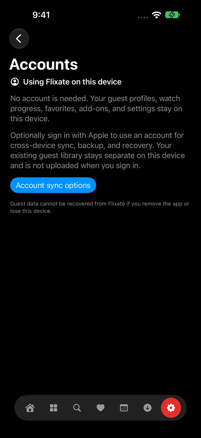 Flixate’s real account options screen explaining guest use and optional account sync.
