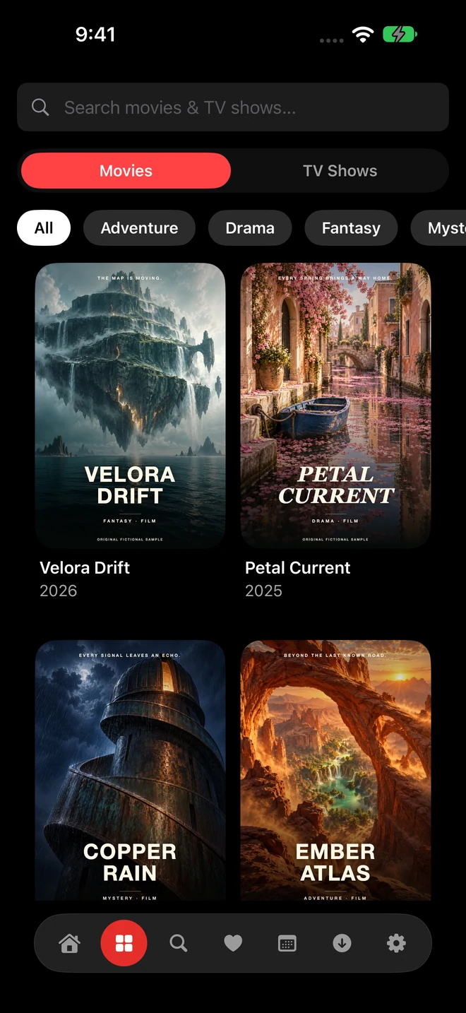 Actual Flixate Browse screen with original fictional sample titles, including Velora Drift and Petal Current.