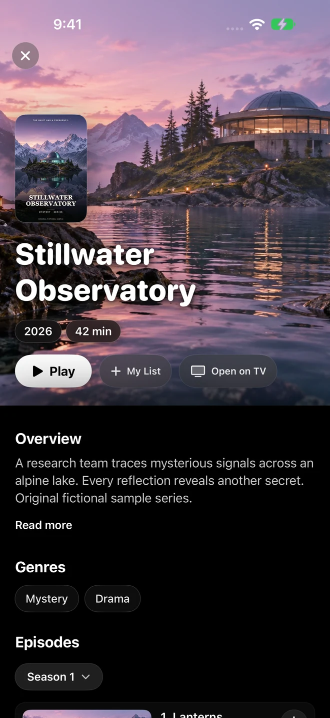 Flixate series detail screen showing Stillwater Observatory, a fictional sample series.